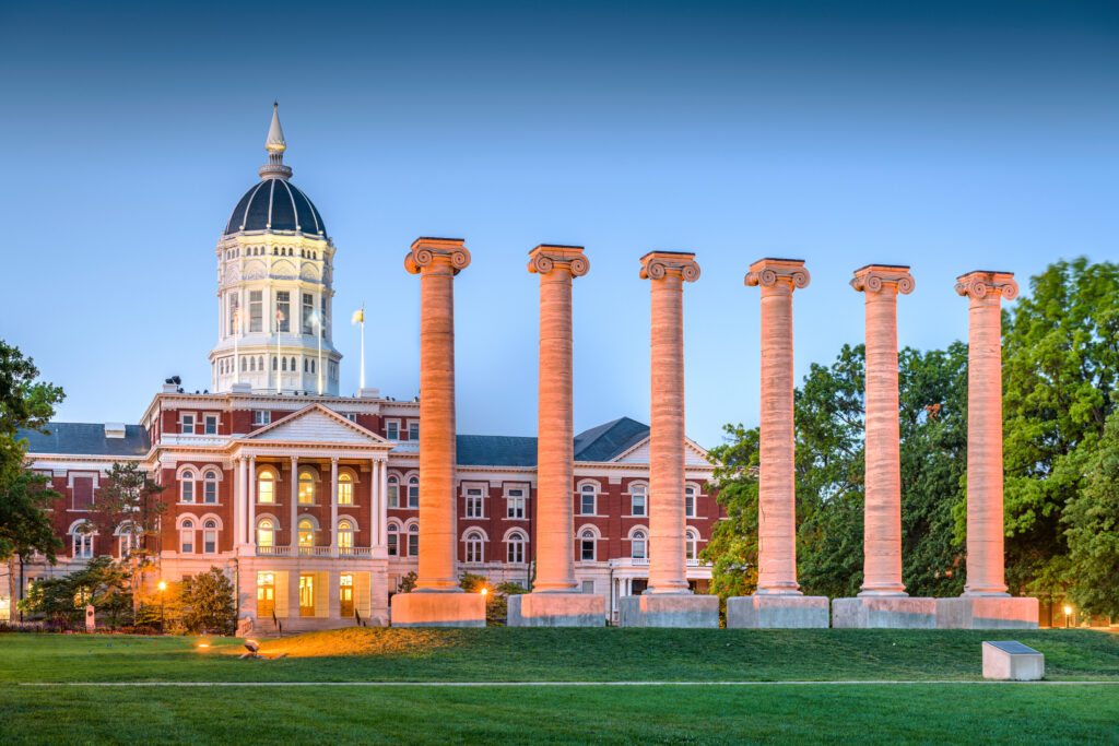 Columbia, Missouri, USA historic columns at twilight.